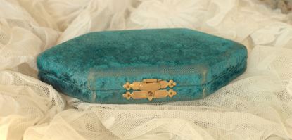 vintage sleets turquoise fluwelen naaidoosje
