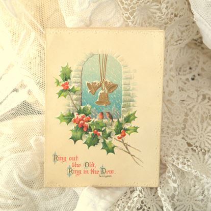 Picture of VINTAGE CHRISTMAS CARD WITH BELLS, HOLLY AND RED ROBIN