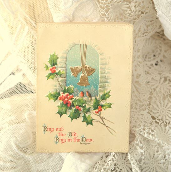 Picture of VINTAGE CHRISTMAS CARD WITH BELLS, HOLLY AND RED ROBIN